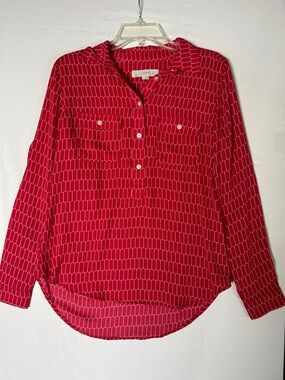 LOFT Red Geometric Button-Front Blouse